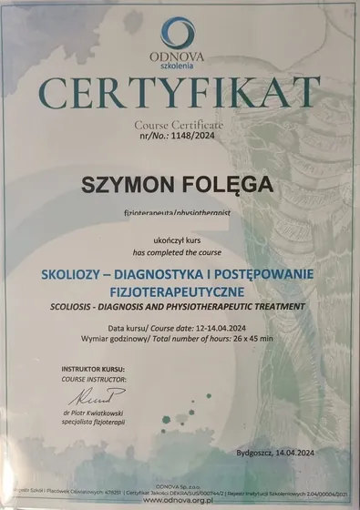 Certyfikat: Skoliozy, diagnostyka i postępowanie fizjoterapeutyczne