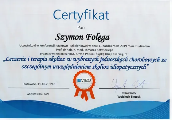 Certyfikat: Leczenie i terapia skolioz w wybranych jednostkach chorobowych